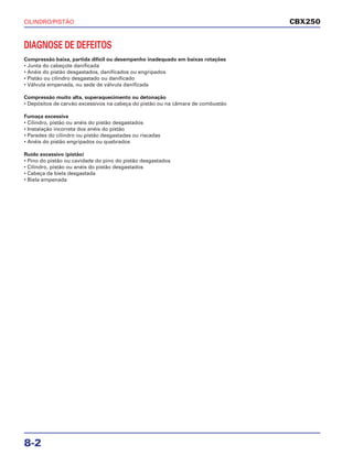 CILINDRO/PISTÃO
8-2
DIAGNOSE DE DEFEITOS
Compressão baixa, partida difícil ou desempenho inadequado em baixas rotações
• Junta do cabeçote danificada
• Anéis do pistão desgastados, danificados ou engripados
• Pistão ou cilindro desgastado ou danificado
• Válvula empenada, ou sede de válvula danificada
Compressão muito alta, superaquecimento ou detonação
• Depósitos de carvão excessivos na cabeça do pistão ou na câmara de combustão
Fumaça excessiva
• Cilindro, pistão ou anéis do pistão desgastados
• Instalação incorreta dos anéis do pistão
• Paredes do cilindro ou pistão desgastadas ou riscadas
• Anéis do pistão engripados ou quebrados
Ruído excessivo (pistão)
• Pino do pistão ou cavidade do pino do pistão desgastados
• Cilindro, pistão ou anéis do pistão desgastados
• Cabeça da biela desgastada
• Biela empenada
CBX250
 