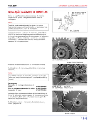 ÁRVORE DE MANIVELAS/BALANCEIRO
12-5
CBX250
NSTALAÇÃO DA ÁRVORE DE MANIVELAS
Limpe as superfícies de contato da carcaça do motor e
inspecione-as quanto a desgaste ou danos antes da
montagem.
NOTA
Acople o balanceiro e a árvore de manivelas, alinhando as
marcas de referência das engrenagens do balanceiro e da
árvore de manivelas e os furos da engrenagem do balanceiro
(bipartida), conforme mostrado, e posicione a árvore de
manivelas e o balanceiro em conjunto dentro da metade
esquerda da carcaça do motor.
Caso as superfícies de contato da carcaça do motor
apresentem pequenas irregularidades ou ligeira aspereza,
retifique-as com uma pedra de afiar a óleo.
Instale as ferramentas especiais na árvore de manivelas.
Instale a árvore de manivelas, utilizando as ferramentas
especiais.
NOTA
Ferramentas:
Espaçador de montagem da carcaça do
motor 07965-VM00100
Eixo de montagem da carcaça do motor 07965-VM00200
Adaptador de rosca 07965-VM00300
Após instalar a árvore de manivelas, certifique-se de que as
linhas de referência nos contrapesos da árvore de manivelas
e do balanceiro, bem como os furos das engrenagens do
balanceiro estejam alinhados.
Instale a transmissão e monte as metades da carcaça do
motor (página 11-8).
Ao instalar a árvore de manivelas, certifique-se de que a
biela não esteja comprimida contra a borda da carcaça do
motor.
ESPAÇADOR EIXO DE
DE MONTAGEM MONTAGEM
ADAPTADOR DE ROSCA
Alinhe (FUROS)
METADE ESQUERDA
DA CARCAÇA DO
MOTOR
ÁRVORE DE
MANIVELAS
BALANCEIRO
Alinhe (FUROS) Alinhe
 