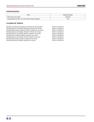 REMOÇÃO/INSTALAÇÃO DO MOTOR
6-2
VALORES DE TORQUE
Parafuso da placa de fixação do pinhão de transmissão 10 N.m (1,0 kg.m)
Parafuso/porca de fixação dianteiro superior do motor 44 N.m (4,4 kg.m)
Parafusos/porcas do suporte dianteiro superior do motor 26 N.m (2,6 kg.m)
Parafuso/porca de fixação dianteiro inferior do motor 44 N.m (4,4 kg.m)
Parafuso/porca de fixação traseiro superior do motor 44 N.m (4,4 kg.m)
Parafusos do suporte traseiro superior do motor 26 N.m (2,6 kg.m)
Parafuso/porca de fixação inferior traseiro do motor 44 N.m (4,4 kg.m)
Parafusos/porcas do suporte superior do motor 26 N.m (2,6 kg.m)
Parafuso/porca de fixação superior do motor 44 N.m (4,4 kg.m)
CBX250
Item Especificações
Peso seco do motor 35,3 kg
Capacidade de óleo no motor após desmontagem 1,8 l
ESPECIFICAÇÕES
 
