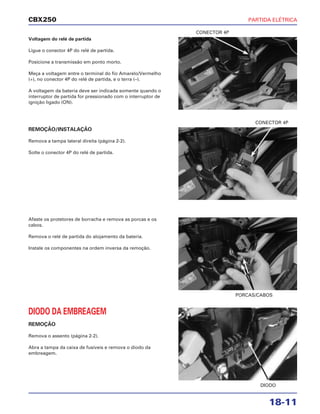 PARTIDA ELÉTRICA
18-11
CBX250
Voltagem do relé de partida
Ligue o conector 4P do relé de partida.
Posicione a transmissão em ponto morto.
Meça a voltagem entre o terminal do fio Amarelo/Vermelho
(+), no conector 4P do relé de partida, e o terra (–).
A voltagem da bateria deve ser indicada somente quando o
interruptor de partida for pressionado com o interruptor de
ignição ligado (ON).
Afaste os protetores de borracha e remova as porcas e os
cabos.
Remova o relé de partida do alojamento da bateria.
Instale os componentes na ordem inversa da remoção.
DIODO DA EMBREAGEM
REMOÇÃO
Remova o assento (página 2-2).
Abra a tampa da caixa de fusíveis e remova o diodo da
embreagem.
REMOÇÃO/INSTALAÇÃO
Remova a tampa lateral direita (página 2-2).
Solte o conector 4P do relé de partida.
CONECTOR 4P
PORCAS/CABOS
DIODO
CONECTOR 4P
 