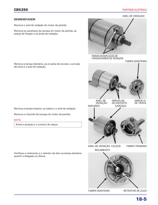 PARTIDA ELÉTRICA
18-5
CBX250
DESMONTAGEM
Remova o anel de vedação do motor de partida.
Remova os parafusos da carcaça do motor de partida, as
placas de fixação e os anéis de vedação.
Remova a tampa traseira, os calços e o anel de vedação.
Remova o induzido da carcaça do motor de partida.
NOTA
Anote a posição e o número de calços.
Verifique o rolamento e o retentor de óleo na tampa dianteira
quanto a desgaste ou danos.
Remova a tampa dianteira, as arruelas de encosto, a arruela
de trava e o anel de vedação.
PARAFUSOS/PLACAS DE
FIXAÇÃO/ANÉIS DE VEDAÇÃO
ANEL DE VEDAÇÃO
ANEL DE VEDAÇÃO CALÇOS TAMPA TRASEIRA
INDUZIDO CARCAÇA
TAMPA DIANTEIRA RETENTOR DE ÓLEO
ROLAMENTO
ANEL DE ARRUELAS ARRUELA
VEDAÇÃO DE ENCOSTO DE TRAVA
TAMPA DIANTEIRA
 