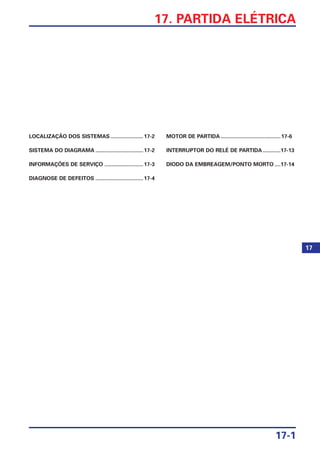 17-1
17. PARTIDA ELÉTRICA
LOCALIZAÇÃO DOS SISTEMAS......................17-2
SISTEMA DO DIAGRAMA ................................17-2
INFORMAÇÕES DE SERVIÇO ..........................17-3
DIAGNOSE DE DEFEITOS ................................17-4
MOTOR DE PARTIDA ........................................17-6
INTERRUPTOR DO RELÉ DE PARTIDA............17-13
DIODO DA EMBREAGEM/PONTO MORTO ....17-14
17
 