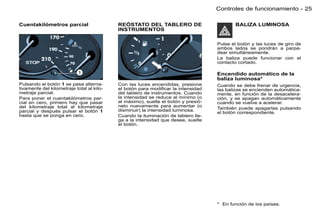 Controles de funcionamiento - 25

Cuentakilómetros parcial                   REÓSTATO DEL TABLERO DE                         BALIZA LUMINOSA
                                           INSTRUMENTOS

                                                                                   Pulse el botón y las luces de giro de
                                                                                   ambos lados se pondrán a parpa-
                                                                                   dear simultáneamente.
                                                                                   La baliza puede funcionar con el
                                                                                   contacto cortado.

                                                                                   Encendido automático de la
                                                                                   baliza luminosa*
Pulsando el botón 1 se pasa alterna-       Con las luces encendidas, presione      Cuando se debe frenar de urgencia,
tivamente del kilometraje total al kilo-   el botón para modiﬁcar la intensidad    las balizas se encienden automática-
metraje parcial.                           del tablero de instrumentos. Cuando     mente, en función de la desacelera-
Para poner el cuentakilómetros par-        la intensidad se reduce al mínimo (o    ción, y se apagan automáticamente
cial en cero, primero hay que pasar        al máximo), suelte el botón y presió-   cuando se vuelve a acelerar.
del kilometraje total al kilometraje       nelo nuevamente para aumentar (o
                                           disminuir) la intensidad luminosa.      También puede apagarlas pulsando
parcial y después pulsar el botón 1                                                el botón correspondiente.
hasta que se ponga en cero.                Cuando la iluminación de tablero lle-
                                           ga a la intensidad que desee, suelte
                                           el botón.




                                                                                   * En función de los países.
 