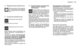 Confort - 43

4.   Regulación del caudal de aire        6.   Desempañador del parabrisas        Desempañador rápido (vidrios
                                               trasero y de los espejos           empañados o con escarcha)
        De la posición 1 a la posición         retrovisores                       Para desempañar o eliminar rápida-
        4, gire la perilla para obtener                                           mente la escarcha del parabrisas o
                                                   Con el motor en marcha, pul-   de los vidrios laterales:
        un caudal de aire conforta-                sando una vez el control se
        ble.                                       pone en marcha el desem-       - Ponga en marcha el aire acondicio-
                                                   pañador del parabrisas tra-      nado.
                                          sero y de los espejos retrovisores.     - Coloque los controles de tempera-
                                          Esta función se apaga automáti-           tura y de caudal de aire en posición
                                          camente al cabo de doce minutos,          de apertura máxima.
5.   Control de entrada de aire                                                   - Cierre las entradas de aire centra-
                                          aproximadamente.
                                                                                    les.
                                          Pulsando este control una vez más,      - Coloque el control de entrada de
        Entrada de aire exterior.         el desempañador del parabrisas tra-       aire exterior hacia la izquierda, en
                                          sero se pone nuevamente en funcio-        posición «Aire Exterior».
                                          namiento durante otros doce minu-
Posición de uso normal.                   tos.
                                          Pulsando el botón correspondiente,
                                          se puede interrumpir el funciona-       Precaución importante
                                          miento del desempañador sin espe-       Hay que poner en marcha el aire
        Reciclado del aire interior.      rar el ﬁnal automático del ciclo.       acondicionado durante 5 a 10 minu-
                                                                                  tos, una o dos veces por mes duran-
                                                                                  te todas las estaciones, para que el
                                                                                  sistema se mantenga en perfectas
Esta posición aísla el habitáculo de                                              condiciones de funcionamiento.
olores exteriores desagradables o                                                 Si el sistema no produce aire frío,
del humo.                                                                         no lo ponga en marcha y consule un
Cuando se utiliza simultáneamente                                                 Concesionario PEUGEOT.
con el aire acondicionado, el recicla-
do del aire mejora los resultados
obtenidos, tanto de la calefacción
como del aire acondicionado.
Si se lo emplea sin el aire acondicio-
nado, el reciclado puede facilitar que
se empañen los vidrios.
Abra lo antes posible la entrada de
aire exterior.
 