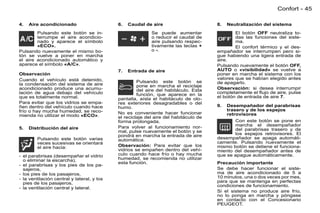 Confort - 45

4.   Aire acondicionado                     6.   Caudal de aire                       8.   Neutralización del sistema
        Pulsando este botón se in-                         Se puede aumentar                  El botón OFF neutraliza to-
        terrumpe el aire acondicio-                        o reducir el caudal de             das las funciones del siste-
        nado y aparece el símbolo                          aire pulsando respec-              ma.
        «ECO».                                             tivamente las teclas +             El confort térmico y el des-
Pulsando nuevamente el mismo bo-                           o -.                       empañador se interrumpen pero si-
tón se vuelve a poner en marcha                                                       gue habiendo una ligera entrada de
el aire acondicionado automático y                                                    aire.
aparece el símbolo «A/C».                                                             Pulsando nuevamente el botón OFF,
                                            7.   Entrada de aire                      AUTO o «visibilidad» se vuelve a
Observación                                                                           poner en marcha el sistema con los
Cuando el vehículo está detenido,                                                     valores que se habían elegido antes
                                                     Pulsando este botón se           de apagarlo.
la condensación del sistema de aire                  pone en marcha el reciclaje
acondicionado produce una acumu-                     del aire del habitáculo. Esta    Observación: si desea interrumpir
lación de agua debajo del vehículo                   función, que aparece en la       completamente el ﬂujo de aire, pulse
que es totalmente normal.                   pantalla, aísla el habitáculo de olo-     el botón de entrada de aire 7.
Para evitar que los vidrios se empa-        res exteriores desagradables o del
ñen dentro del vehículo cuando hace         humo.                                     9.   Desempañador del parabrisas
frío o hay mucha humedad, se reco-                                                         trasero y de los espejos
                                            No es conveniente hacer funcionar              retrovisores
mienda no utilizar el modo «ECO».           el reciclaje del aire del habitáculo de
                                            forma prolongada.                                Con este botón se pone en
                                            Para volver al funcionamiento nor-               marcha el desempañador
5.   Distribución del aire                                                                   del parabrisas trasero y de
                                            mal, pulse nuevamente el botón y se
                                            pondrá en marcha la entrada de aire              los espejos retrovisores. El
        Pulsando este botón varias          automática.                               desempañador se apaga automáti-
        veces sucesivas se orientará                                                  camente. Pulsando nuevamente el
        el aire hacia:                      Observación: Para evitar que los          mismo botón se detiene el funciona-
                                            vidrios se empañen dentro del vehí-       miento del desempañador antes de
- el parabrisas (desempañar el vidrio       culo cuando hace frío o hay mucha         que se apague automáticamente.
  o eliminar la escarcha),                  humedad, se recomienda no utilizar
                                            esta función.                             Precaución importante
- el parabrisas y los pies de los pa-
  sajeros,                                                                            Se debe hacer funcionar el siste-
- los pies de los pasajeros,                                                          ma de aire acondicionado de 5 a
- la ventilación central y lateral, y los                                             10 minutos, una o dos veces por mes,
  pies de los pasajeros,                                                              para que se mantenga en perfectas
                                                                                      condiciones de funcionamiento.
- la ventilación central y lateral.
                                                                                      Si el sistema no produce aire frío,
                                                                                      no lo ponga en marcha y póngase
                                                                                      en contacto con el Concesionario
                                                                                      PEUGEOT.
 