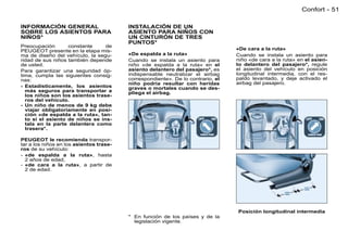 Confort - 51

INFORMACIÓN GENERAL                      INSTALACIÓN DE UN
SOBRE LOS ASIENTOS PARA                  ASIENTO PARA NIÑOS CON
NIÑOS*                                   UN CINTURÓN DE TRES
                                         PUNTOS*
Preocupación       constante     de
PEUGEOT presente en la etapa mis-                                                «De cara a la ruta»
ma de diseño del vehículo, la segu-      «De espalda a la ruta»                  Cuando se instala un asiento para
ridad de sus niños también depende       Cuando se instala un asiento para       niño «de cara a la ruta» en el asien-
de usted.                                niño «de espalda a la ruta» en el       to delantero del pasajero*, regule
Para garantizar una seguridad óp-        asiento delantero del pasajero*, es     el asiento del vehículo en posición
tima, cumpla las siguientes consig-      indispensable neutralizar el airbag     longitudinal intermedia, con el res-
nas:                                     correspondiente». De lo contrario, el   paldo levantado, y deje activado el
                                         niño podría resultar con heridas        airbag del pasajero.
- Estadísticamente, los asientos         graves o mortales cuando se des-
  más seguros para transportar a         pliega el airbag.
  los niños son los asientos trase-
  ros del vehículo.
- Un niño de menos de 9 kg debe
  viajar obligatoriamente en posi-
  ción «de espalda a la ruta», tan-
  to si el asiento de niños se ins-
  tala en la parte delantera como
  trasera*.

PEUGEOT le recomienda transpor-
tar a los niños en los asientos trase-
ros de su vehículo:
- «de espalda a la ruta», hasta
  2 años de edad,
- «de cara a la ruta», a partir de
  2 de edad.




                                                                                 Posición longitudinal intermedia
                                         * En función de los países y de la
                                           legislación vigente.
 