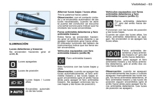 Visibilidad - 63

                                   Alternar luces bajas / luces altas      Vehículos equipados con faros
                                   Tire la palanca hacia usted.            antiniebla delanteros y faro
                                                                           antiniebla trasero (anillo C)
                                   Observación: con el contacto corta-
                                   do y el encendido automático de las
                                   luces neutralizado, cuando se abre              Faros antiniebla delantero
                                   la puerta del conductor se escucha              (1° giro del anillo hacia de-
                                   una señal sonora para indicar que ha            lante)
                                   olvidado las luces encendidas.
                                                                           Funcionan con las luces de posición
                                   Faros antiniebla delanteros y faro      y las luces bajas.
                                   antiniebla trasero                      Cuando se usan las luces altas, los
                                   Estos faros se encienden hacien-        faros antiniebla delanteros se apa-
                                   do girar el anillo hacia delante y se   gan. Se encienden si se apagan las
                                   apagan haciéndolo girar hacia atrás.    luces altas.
ILUMINACIÓN                        El indicador luminoso del tablero de
                                   instrumentos indica que los faros es-
                                   tán encendidos.
Luces delanteras y traseras
                                   Vehículos equipados con faro                           Faros antiniebla de-
Se encienden haciendo girar   el                                                          lanteros y faro antinie-
anillo A.                          antiniebla trasero (anillo B)
                                                                                          bla trasero (2° giro del
                                                                                          anillo hacia delante).
                                           Faro antiniebla trasero
                                                                           Observación: para apagar el faro
      Luces apagadas                                                       antiniebla trasero y los faros antinie-
                                                                           bla delanteros, gire el anillo dos ve-
                                   Sólo funciona con las luces bajas y     ces hacia atrás.
                                   altas.
      Luces de posición            Observación: cuando se apagan las       Observación: cuando se apaguen
                                   luces automáticamente, el faro anti-    automáticamente las luces o cuando
                                   niebla trasero y las luces bajas si-    apaguen manualmente las luces ba-
                                   guen encendidos (gire el anillo hacia   jas, los faros antiniebla delanteros, el
            Luces bajas / Luces    atrás para apagar el faro antiniebla    faro antiniebla trasero y las luces de
            altas                  trasero. Se apagan entonces las lu-     posición siguen encendidos (gire el
                                   ces bajas y las luces de posición).     anillo hacia atrás para apagar los fa-
                                                                           ros antiniebla delanteros. Las luces
            Encendido automáti-                                            de posición se apagan).
            co de las luces
 