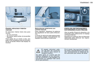 Visibilidad - 69




Espejo retrovisor interior                Retrovisores exteriores con             ESPEJOS RETROVISORES
manual                                    control manual                          EXTERIORES ELÉCTRICOS
El retrovisor interior tiene dos posi-    Para regularlo, desplace la palanca
                                          de regulación en las cuatro direccio-   Gire la perilla 1hacia la derecha o la
ciones:                                                                           izquierda para seleccionar el espejo
                                          nes.
- de día (normal),                                                                correspondiente.
- de noche (para evitar el encandila-     Cuando el vehículo está estacionado
                                          se pueden plegar manualmente los        Desplace la palanca 1en la dirección
  miento).                                                                        adecuada para efectuar las regula-
                                          espejos retrovisores exteriores.
Para pasar de un modo a otro, em-                                                 ciones necesarias.
puje o tire la palanca que se encuen-
tra en el borde inferior del espejo re-
trovisor.




                                                   El espejo retrovisor exte-     Por lo tanto, hay que tener presen-
                                                   rior del lado del conductor    tes estas características para apre-
                                                   es esférico para reducir el    ciar correctamente la distancia de
                                                   «ángulo muerto».               los vehículos que vienen de atrás.
                                           Se debe tener en cuenta que los
                                           objetos reﬂejados en los retroviso-
                                           res del conductor y del pasajero se
                                           encuentran en realidad más cerca
                                           de lo que parecen.
 