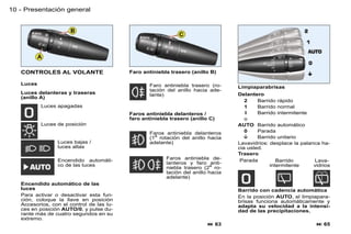 10 - Presentación general




   CONTROLES AL VOLANTE                    Faro antiniebla trasero (anillo B)

   Luces                                           Faro antiniebla trasero (ro-     Limpiaparabrisas
                                                   tación del anillo hacia ade-
   Luces delanteras y traseras                     lante)                           Delantero
   (anillo A)
                                                                                       2    Barrido rápido
           Luces apagadas                                                              1    Barrido normal
                                           Faros antiniebla delanteros /               I    Barrido intermitente
                                           faro antiniebla trasero (anillo C)          o
           Luces de posición                                                        AUTO Barrido automático
                                                   Faros antiniebla delanteros         0    Parada
                                                   (1a rotación del anillo hacia           Barrido unitario
                 Luces bajas /                     adelante)                        Lavavidrios: desplace la palanca ha-
                 luces altas                                                        cia usted.
                                                                                    Trasero
                 Encendido automáti-                     Faros antiniebla de-        Parada         Barrido       Lava-
                 co de las luces                         lanteros y faro a  anti-                intermitente     vidrios
                                                         niebla trasero (2 ro-
                                                         tación del anillo hacia
                                                         adelante)
   Encendido automático de las
   luces                                                                            Barrido con cadencia automática
   Para activar o desactivar esta fun-                                              En la posición AUTO, el limpiapara-
   ción, coloque la llave en posición                                               brisas funciona automáticamente y
   Accesorios, con el control de las lu-                                            adapta su velocidad a la intensi-
   ces en posición AUTO/0, y pulse du-                                              dad de las precipitaciones.
   rante más de cuatro segundos en su
   extremo.
                                                                           63                                      65
 