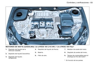 Controles y verificaciones - 83




MOTORES DE NAFTA (GASOLINA) 1,6 LITROS 16V (110 HP) / 1,6 LITROS 16V Flex*
1.   Depósito del líquido de la          4.   Depósito del líquido de frenos.   7.   Medidor de aceite del motor.
     dirección asistida.
                                         5.   Batería.                          8.   Depósito de aceite del motor.
2.   Depósito del líquido lavavidrios.
                                         6.   Filtro de aire.                   9.   Tanque de combustible para el
3.   Depósito del líquido                                                            arranque en frío del motor*.
     refrigerante.
                                                                                * En función de los países.
 