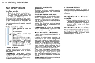 86 - Controles y verificaciones

   VERIFICACIÓN DE LOS                      Selección del grado de                   Productos usados
   NIVELES DE LÍQUIDOS                      viscosidad
                                                                                     No tire el aceite usado, el líquido de
                                            En todos los casos, el aceite elegido    frenos o el líquido refrigerante en las
   Nivel de aceite                          deberá responder a las exigencias        canalizaciones de evacuación ni en
    Controle el aceite periódicamen-       del fabricante.                          el suelo.
      te y complete el nivel entre dos      Nivel del líquido de frenos
      cambios (el consumo máximo es
      de 0,5 l cada 1.000 km).              El reemplazo del líquido deberá efec-    Nivel del líquido de dirección
   El control debe realizarse con el ve-    tuarse obligatoriamente en los inter-    asistida
   hículo en posición horizontal y el mo-   valos previstos, conforme al progra-
   tor frío, observando el indicador de     ma de mantenimiento del fabricante        Abra el depósito, con el motor frío
   nivel de aceite del tablero de instru-   del vehículo.                              y a temperatura ambiente; el ni-
   mentos o utilizando la varilla manual    Utilice los líquidos recomendados          vel siempre deberá ser superior a
   de aceite.                               por el fabricante, en conformidad con      la marca MINI y estar cerca de la
                                            las normas DOT4.                           marca MAXI.
   Varilla manual de aceite                 Observación: el líquido de frenos es     Nivel del líquido limpiavidrios
              Dos marcas de nivel en        nocivo y sumamente corrosivo. Evite
              la varilla:                   todo contacto con la piel.               Para una óptima calidad de lavado y
              A = máximo.                                                            por su propia seguridad, le aconse-
                                            Nivel del líquido refrigerante           jamos que utilice los productos reco-
              No supere nunca ese                                                    mendados por PEUGEOT.
              nivel.                        Utilice el líquido recomendado por el
              B = mínimo.                   fabricante.
              Para mantener la conﬁa-       Cuando el motor está caliente, la
              bilidad del motor y de los    temperatura del líquido refrigerante
              dispositivos    anticonta-    se regula mediante el ventilador mo-
              minación, queda formal-       torizado, que puede funcionar inclu-
              mente prohibido la utili-     so con el contacto cortado; además,
              zación de aditivos en el      como el circuito de refrigeración está
              aceite del motor.             bajo presión, deberá esperar por lo
                                            menos una hora luego de haber apa-
   Cambio de aceite                         gado el motor antes de intervenir.
   Respete rigurosamente las indicacio-     Para evitar todo riesgo de quemadu-
   nes que ﬁguran en la ﬁcha de man-        ra, desenrosque el tapón dos vueltas
   tenimiento.                              para dejar que baje la presión. Una
   Observación: evite todo contac-          vez que haya bajado la presión, re-
   to prolongado del aceite usado con       tire el tapón y complete el nivel de
   la piel. Vacíe el aceite usado en los    líquido.
   contenedores previstos a tales efec-     Observación: el líquido refrigerante
   tos en la Red PEUGEOT.                   no requiere renovación.
 