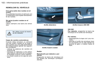 102 - Informaciones prácticas

    REMOLCAR EL VEHÍCULO

    Con grúa (sólo dos ruedas en el
    suelo)
    Es preferible levantar el vehículo con
    un dispositivo que sujete directamen-
    te las ruedas.

    Sin grúa (cuatro ruedas en el
    suelo)
    Utilice siempre una barra de remol-
    que.                                               Anillo delantero                 Anillo trasero 206 SW


                                                                                  206 SW
             No utilice nunca la travie-                                          Por delante, enganche la barra de
             sa de radiador.                                                      remolque en el anillo de remolque.


                                                                                  Por detrás:
                                                                                  - desenganche la tapa con una mo-
    Cajas de cambio automáticas                                                     neda,
    Cuando deba remolcar un vehículo                                              - atornille el anillo de remolque (que
    con las cuatro ruedas en el suelo y                                             se encuentra en la caja donde se
    que cuente con una caja automática,                                             guarda el gato o crique) hasta el
    es indispensable aplicar las siguien-                                           tope.
    tes consignas:                                   Anillo trasero sedán
    - colocar la palanca de cambio en
      posición N,
    - remolcar el vehículo a una veloci-     Sedán
      dad inferior a 50 km/h en un trayec-
      to limitado a 50 km como máximo,       Remolcarlo por delante o por
    - no añadir aceite en la caja de cam-    detrás
      bios.                                  Enganche la barra de remolque en
                                             los anillos de remolque correspon-
                                             dientes.
 