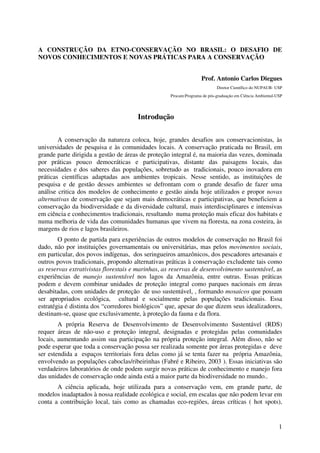 1
A CONSTRUÇÃO DA ETNO-CONSERVAÇÃO NO BRASIL: O DESAFIO DE
NOVOS CONHECIMENTOS E NOVAS PRÁTICAS PARA A CONSERVAÇÃO
Prof. Antonio Carlos Diegues
Diretor Científico do NUPAUB- USP
Procam:Programa de pós-graduação em Ciência Ambiental-USP
Introdução
A conservação da natureza coloca, hoje, grandes desafios aos conservacionistas, às
universidades de pesquisa e às comunidades locais. A conservação praticada no Brasil, em
grande parte dirigida a gestão de áreas de proteção integral é, na maioria das vezes, dominada
por práticas pouco democráticas e participativas, distante das paisagens locais, das
necessidades e dos saberes das populações, sobretudo as tradicionais, pouco inovadora em
práticas científicas adaptadas aos ambientes tropicais. Nesse sentido, as instituições de
pesquisa e de gestão desses ambientes se defrontam com o grande desafio de fazer uma
análise critica dos modelos de conhecimento e gestão ainda hoje utilizados e propor novas
alternativas de conservação que sejam mais democráticas e participativas, que beneficiem a
conservação da biodiversidade e da diversidade cultural, mais interdisciplinares e intensivas
em ciência e conhecimentos tradicionais, resultando numa proteção mais eficaz dos habitats e
numa melhoria de vida das comunidades humanas que vivem na floresta, na zona costeira, às
margens de rios e lagos brasileiros.
O ponto de partida para experiências de outros modelos de conservação no Brasil foi
dado, não por instituições governamentais ou universitárias, mas pelos movimentos sociais,
em particular, dos povos indígenas, dos seringueiros amazônicos, dos pescadores artesanais e
outros povos tradicionais, propondo alternativas práticas à conservação excludente tais como
as reservas extrativistas florestais e marinhas, as reservas de desenvolvimento sustentável, as
experiências de manejo sustentável nos lagos da Amazônia, entre outras. Essas práticas
podem e devem combinar unidades de proteção integral como parques nacionais em áreas
desabitadas, com unidades de proteção de uso sustentável, , formando mosaicos que possam
ser apropriados ecológica, cultural e socialmente pelas populações tradicionais. Essa
estratégia é distinta dos “corredores biológicos” que, apesar do que dizem seus idealizadores,
destinam-se, quase que exclusivamente, à proteção da fauna e da flora.
A própria Reserva de Desenvolvimento de Desenvolvimento Sustentável (RDS)
requer áreas de não-uso e proteção integral, designadas e protegidas pelas comunidades
locais, aumentando assim sua participação na própria proteção integral. Além disso, não se
pode esperar que toda a conservação possa ser realizada somente por áreas protegidas e deve
ser estendida a espaços territoriais fora delas como já se tenta fazer na própria Amazônia,
envolvendo as populações caboclas/ribeirinhas (Fabré e Ribeiro, 2003 ). Essas iniciativas são
verdadeiros laboratórios de onde podem surgir novas práticas de conhecimento e manejo fora
das unidades de conservação onde ainda está a maior parte da biodiversidade no mundo..
A ciência aplicada, hoje utilizada para a conservação vem, em grande parte, de
modelos inadaptados à nossa realidade ecológica e social, em escalas que não podem levar em
conta a contribuição local, tais como as chamadas eco-regiões, áreas críticas ( hot spots),
 