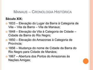 Manaus – Cronologia HistóricaSéculo XIX:1833 – Elevação do Lugar da Barra à Categoria de Vila – Vila da Barra – Vila de Manaus;1848 – Elevação da Vila à Categoria de Cidade – Cidade da Barra do Rio Negro;1850 – Elevação do Amazonas à Categoria de Província;1856 – Mudança do nome de Cidade da Barra do Rio Negro para Cidade de Manáos;1867 – Abertura dos Portos do Amazonas às Nações Amigas;