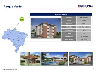16
Parque Verde
⁽¹⁾ As of September 30, 2011
AM - Manaus
2Q09
R$ 27.0 million
88%
98%
R$ 140,681
R$ 2,164
192
Location
Launch
Total PSV
% Direcional
% Sold ⁽¹⁾
Unit’s Price
Price (sq.m)
# Units
PARQUE VERDE
 