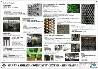 KARAN RAJPUROHIT 17SA208
MANOJ CHAUHAN 17SA214
NIYATI PATEL 17SA217
DESIGN STUDIO III
Material Analysis:
Fly ash brick Wall:
• Temple wall
Materials: Fly Ash and Cement
Process:
• Ingredients are Measured By Weight And
Mixed Properly.
• The Mixed Slurry Is Poured In the Mould.
• The Bricks Are Laid On edge In Rat Trap Bond. It
Saves are 25% Of Brick Consumption than Flemish
Bonded Masonry.
Waste Residue Brick wall:
• class room wall
Materials: Fly Ash, Water Residue,
Cement, Gypsum, Lime, River Sand
Process:
• Ingredients are Measured By Weight And
Mixed
Properly.
• The Slurry Is Poured In A Mould And The
Mould Is Placed In The Brick Making
Machine And Subjected To Vibration.
• Proper Pressure Is Applied To achieve
Shape And Size.
Soil Block wall:
• Class room wall
Materials: Soil, Cement, Sand, Water
Materials: Glass Bottle, Fly ash, Cement Mortar
Skill/ Machine: Masonry
Composition: 1:3 Cement Sand
Cost Component: Glass
Bottle -2rs/Bottle + labour Charges
Process:
• Empty Bottles Are Cleaned Of Labels.
Materials: Plastic bottle, Fly ash, Cement mortar
Skill/Machine: Masonry
Composition: 1:3Cement Sand
Cost Component: Plastic bottle-1Rs/bottle + labour
charges
Materials : Resin, cobalt,
glass fibre matt.
Skill/ Machine:
Masonry Composition:
96.5% resin, 1.5%
cobalt,2%catalyst
Cost Component: FRP
Panel Per sq. Ft = Rs. 30-40*
Process
• Plastic wrappers are cleaned with scissors
cut into fine shreds.
• On a clean sheet of plastic a glass fibre matt
is laid.
• Shreds are laid over it and then covered by
another matt.
• Mixture of polymer resin catalyst and
stabilizer is applied over the matt.
• In half an hour the polymer is set and plastic
sheet is removed and FRP sheet is ready to
use.
Process
• Doors Are Made Up Of Steel Frame And Recomposed
Metal Parts As Infill.
• The Diverse Parts Of Broken Bicycles And Used Rotary
Blades Of Stone Cutter Etc Are Creatively Composed Which Not Only Is
Like A Grill To Door’s Shutters But Creates Dynamic Backdrop To The Space.
Materials : steel frame, cycle spare-parts.
• A Mock up Of Bottle arrangement Is Done In
desired Pattern On Ground Without Cement Mortar.
• Bottles Are Laid In Horizontal Courses Over Cement Mortar Bed.
• Deep Groove Pointing Is Done.
process
• Empty bottles are cleaned.
• Bottles are filled full of Fly ash or waste residue.
• Bottles are laid in horizontal courses over a cement
mortar bed.
• Deep groove pointing is done.
Roof:
Material
• Fibre Recycle
Plastic(FRP)
• Rugs
Material
• MS box section
• Cement bonded
particle board
• Country tile
Roof:
Material
• Corrugated Galvanized iron
sheets.
• Mud mortar
• Country tile
• Steel tubes
Materials
• Glass Bottle
• Plastic Bottle
• Fly Ash Brick
• Mild Steel Reinforcement Bar
• 1:2:4 Cement Concrete
Ceiling:
4
BOTTELS IN LIBRARY WALL
 
