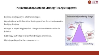 IS Strategy Triangle
Business Strategy drives all other strategies
Organizational and Information Strategy are then dependent upon the
Business Strategy
Changes in any strategy requires changes in the others to maintain
balance.
IS Strategy is affected by the other strategies a firm uses.
IS strategy always involves consequences
The Information Systems Strategy Triangle suggests:
 
