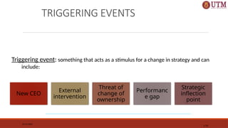 07/11/2025
1-39
TRIGGERING EVENTS
Triggering event: something that acts as a stimulus for a change in strategy and can
include:
New CEO
External
intervention
Threat of
change of
ownership
Performanc
e gap
Strategic
inflection
point
 