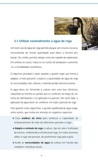 3.1 Utilizar racionalmente a água de rega
Um bom uso da água de rega permite poupar um recurso escasso,
necessitando de menor quantidade para obter a mesma pro-
dução. Ou, então, permite alargar a área de regadio da exploração.
Em ambos os casos, reduz-se os custos de produção e aumenta-
-se a rentabilidade económica.
O objectivo principal é saber quando e quanto regar, por forma a
adaptar, o mais possível, a época e a quantidade de água de rega
às necessidades das culturas, evitando perdas desnecessárias.
A água deve ser fornecida à cultura com uma boa eficiência,
reduzindo ao mínimo as perdas que se verificam ao longo do sis-
tema de distribuição e na aplicação na parcela. Por outro lado, a
aplicação da água deve ser uniforme em toda a parcela de rega.
Para garantir estes objectivos, a gestão equilibrada da água exige,
entre outros, que tenha em atenção os seguintes aspectos:
n Faça análises de terra para conhecer a capacidade de
armazenamento do solo nas diferentes parcelas a regar;
n Adapte o método de rega à cultura, tipo de solo e inclinação
do terreno, melhorando a eficiência de rega. Em solos arenosos
utilize a rega sob pressão, de preferência rega gota-a-gota;
n Avalie as necessidades de água da cultura em função das
condições climáticas locais;
48
 