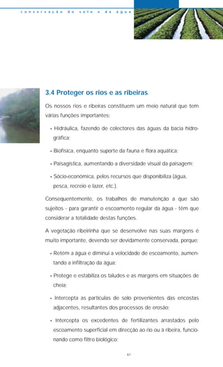3.4 Proteger os rios e as ribeiras
Os nossos rios e ribeiras constituem um meio natural que tem
várias funções importantes:
• Hidráulica, fazendo de colectores das águas da bacia hidro-
gráfica;
• Biofísica, enquanto suporte da fauna e flora aquática;
• Paisagística, aumentando a diversidade visual da paisagem;
• Sócio-económica, pelos recursos que disponibiliza (água,
pesca, recreio e lazer, etc.).
Consequentemente, os trabalhos de manutenção a que são
sujeitos - para garantir o escoamento regular da água - têm que
considerar a totalidade destas funções.
A vegetação ribeirinha que se desenvolve nas suas margens é
muito importante, devendo ser devidamente conservada, porque:
• Retém a água e diminui a velocidade de escoamento, aumen-
tando a infiltração da água;
• Protege e estabiliza os taludes e as margens em situações de
cheia;
• Intercepta as partículas de solo provenientes das encostas
adjacentes, resultantes dos processos de erosão;
• Intercepta os excedentes de fertilizantes arrastados pelo
escoamento superficial em direcção ao rio ou à ribeira, funcio-
nando como filtro biológico;
c o n s e r v a ç ã o d o s o l o e d a á g u a
61
 