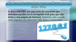 la dirección URL son una serie de caracteres que
debemos escribir en el navegador web para que nos
dirija a una página de Internet, teniendo cada una de
estas páginas una dirección URL única e irrepetible.
5
 