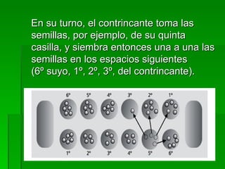 En su turno, el contrincante toma las semillas, por ejemplo, de su quinta casilla, y siembra entonces una a una las semillas en los espacios siguientes  (6º suyo, 1º, 2º, 3º, del contrincante). 