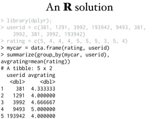 > library(dplyr);
> userid = c(381, 1291, 3992, 193942, 9493, 381,
3992, 381, 3992, 193942)
> rating = c(5, 4, 4, 4, 5, 5, 5, 3, 5, 4)
> mycar = data.frame(rating, userid)
> summarize(group_by(mycar, userid),
avgrating=mean(rating))
# A tibble: 5 x 2
userid avgrating
<dbl> <dbl>
1 381 4.333333
2 1291 4.000000
3 3992 4.666667
4 9493 5.000000
5 193942 4.000000
An R solution
 