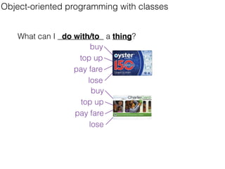 Object-oriented programming with classes
What can I do with/to a thing?
top up
pay fare
lose
buy
top up
pay fare
lose
buy
 