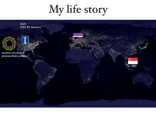 My life story
b. 1981
UIUC 
2002 BS chemistry
excitonic structure in 
photosynthetic proteins
 