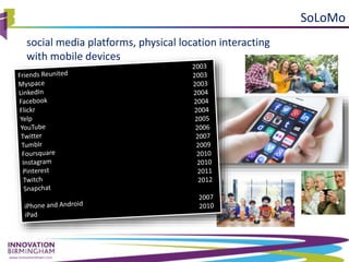 www.innovationbham.com
social media platforms, physical location interacting
with mobile devices
SoLoMo
 