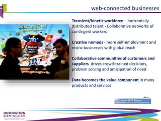www.innovationbham.com
web-connected businesses
Transient/kinetic workforce – horizontally
distributed talent - Collaborative networks of
contingent workers
Creative nomads - more self-employment and
micro-businesses with global reach
Collaborative communities of customers and
suppliers drives crowd-trained decisions,
problem solving and anticipation of need
Data becomes the value component in many
products and services
After:
 