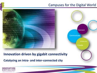 www.innovationbham.com
Campuses for the Digital World
Catalysing an intra- and inter-connected city
Innovation driven by gigabit connectivity
Connect
Communicate
Collaborate
Create
 