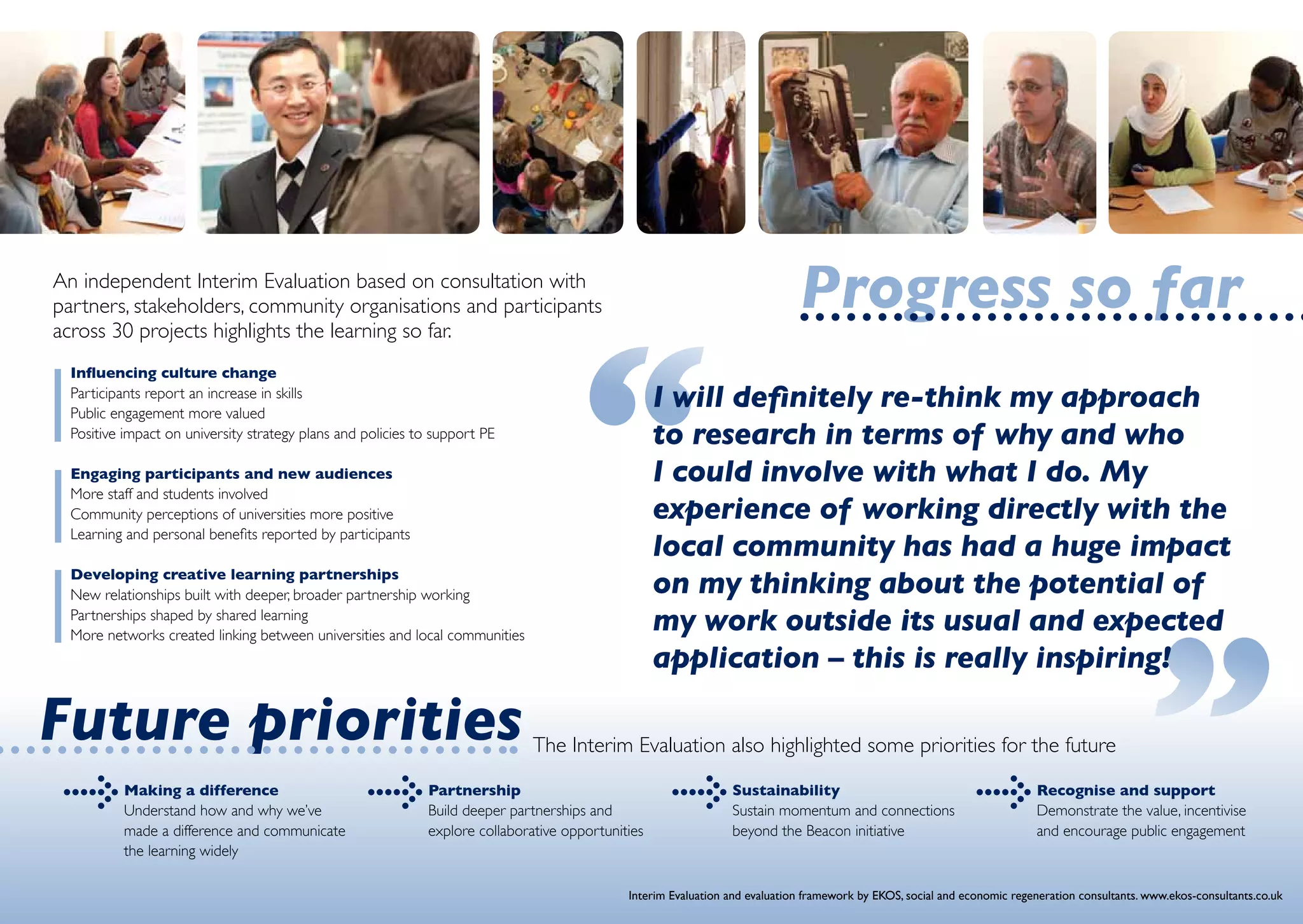 An independent Interim Evaluation based on consultation with
partners, stakeholders, community organisations and participants
across 30 projects highlights the learning so far.
                                                                                                                             Progress so far
  Influencing culture change
  Participants report an increase in skills
  Public engagement more valued
                                                                                                   I will definitely re-think my approach
  Positive impact on university strategy plans and policies to support PE                          to research in terms of why and who
  Engaging participants and new audiences                                                          I could involve with what I do. My
  More staff and students involved
  Community perceptions of universities more positive                                              experience of working directly with the
  Learning and personal benefits reported by participants
                                                                                                   local community has had a huge impact
  Developing creative learning partnerships
  New relationships built with deeper, broader partnership working                                 on my thinking about the potential of
  Partnerships shaped by shared learning
  More networks created linking between universities and local communities
                                                                                                   my work outside its usual and expected
                                                                                                   application – this is really inspiring!

Future priorities                                                             The Interim Evaluation also highlighted some priorities for the future
          Making a difference                                Partnership                                        Sustainability                                            Recognise and support
          Understand how and why we’ve                       Build deeper partnerships and                      Sustain momentum and connections                          Demonstrate the value, incentivise
          made a difference and communicate                  explore collaborative opportunities                beyond the Beacon initiative                              and encourage public engagement
          the learning widely

                                                                                             Interim Evaluation and evaluation framework by EKOS, social and economic regeneration consultants. www.ekos-consultants.co.uk
 