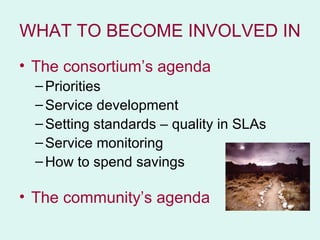 WHAT TO BECOME INVOLVED IN
• The consortium’s agenda
  – Priorities
  – Service development
  – Setting standards – quality in SLAs
  – Service monitoring
  – How to spend savings

• The community’s agenda
 