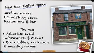 New Mcr Digital space
Meeting rooms
Co-working space
Restaurant & bar
The Ask
• Advertise event
information $ menus
• Book tables, workspace
& meeting rooms
 