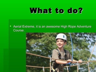 What to do?
Aerial Extreme, it is an awesome High Rope Adventure
Course.