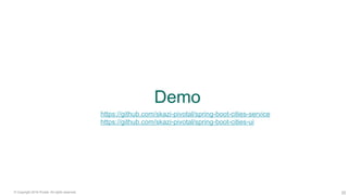 25© Copyright 2016 Pivotal. All rights reserved.
Demo
https://github.com/skazi-pivotal/spring-boot-cities-service
https://github.com/skazi-pivotal/spring-boot-cities-ui
 