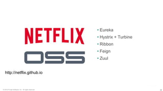26© 2016 Pivotal Software, Inc. All rights reserved.
• Eureka
• Hystrix + Turbine
• Ribbon
• Feign
• Zuul
http://netflix.github.io
 