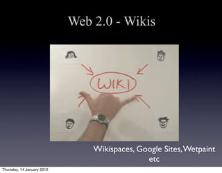 Web 2.0 - Wikis




                                Wikispaces, Google Sites, Wetpaint
                                              etc
Thursday, 14 January 2010
 