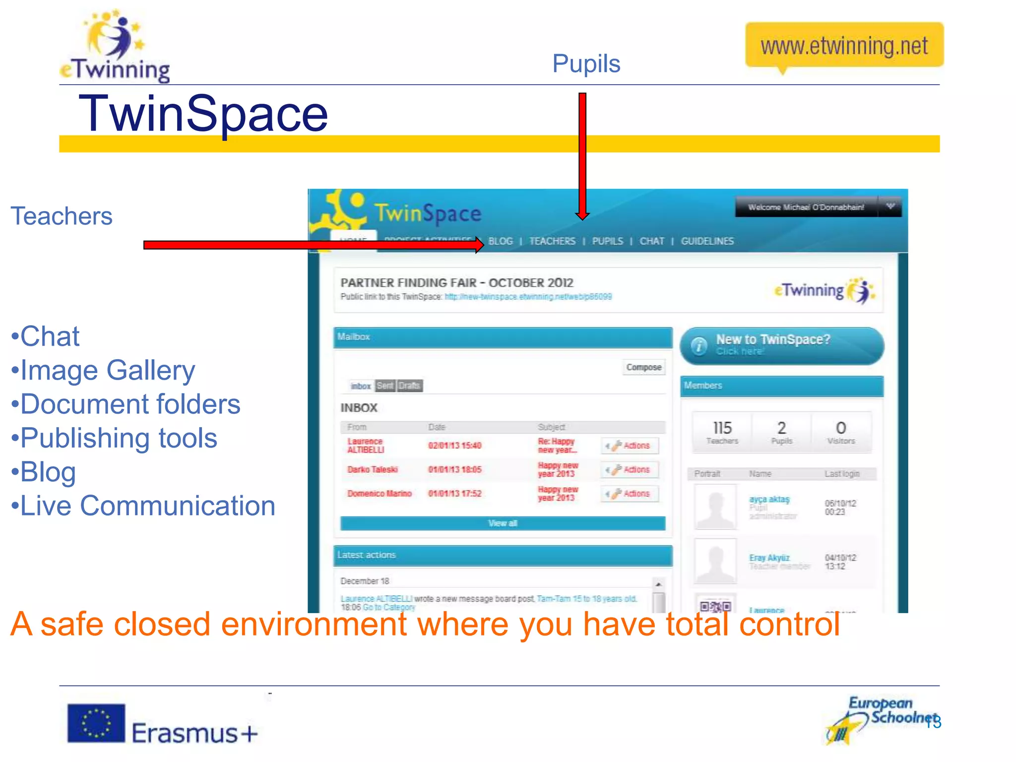 TwinSpace
Teachers
Pupils
•Chat
•Image Gallery
•Document folders
•Publishing tools
•Blog
•Live Communication
13
A safe closed environment where you have total control
 