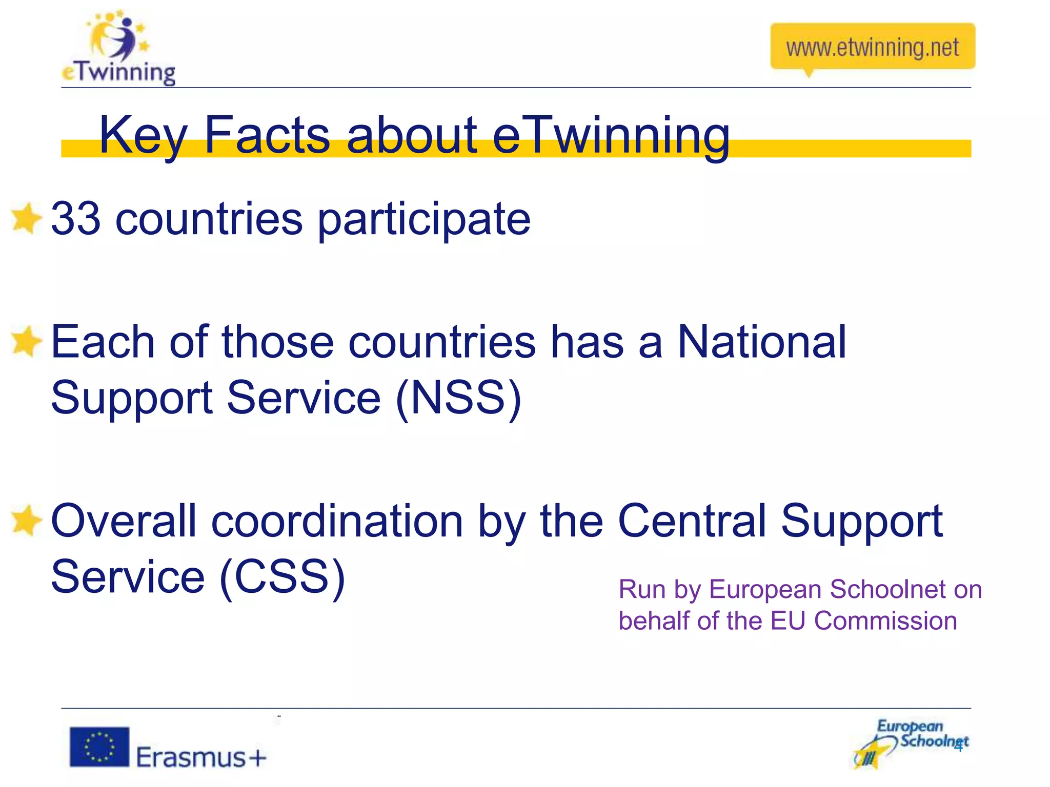 33 countries participate
Each of those countries has a National
Support Service (NSS)
Overall coordination by the Central Support
Service (CSS) Run by European Schoolnet on
behalf of the EU Commission
4
Key Facts about eTwinning
 