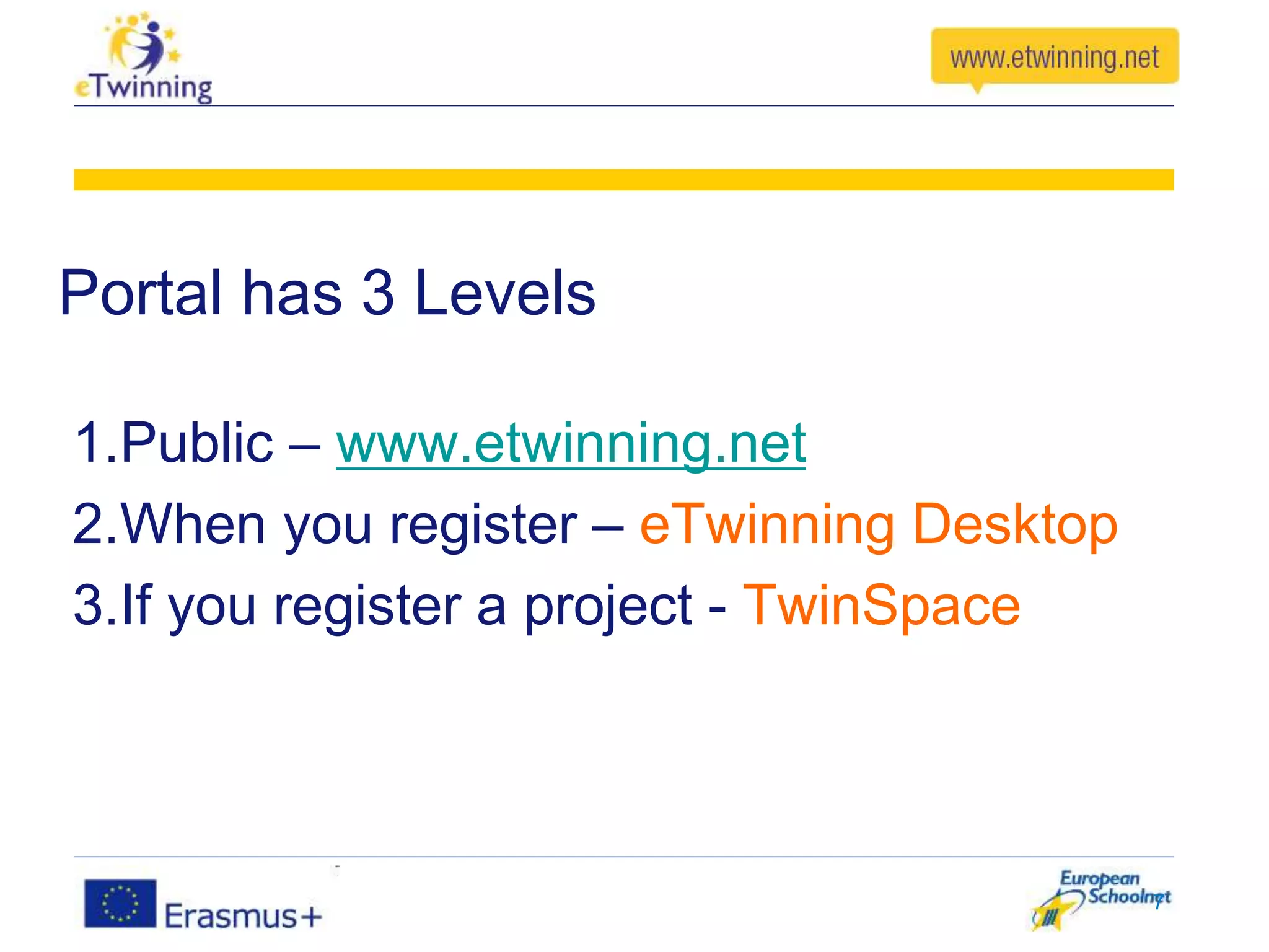 1.Public – www.etwinning.net
2.When you register – eTwinning Desktop
3.If you register a project - TwinSpace
7
Portal has 3 Levels
 