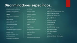 Discriminadores específicos…
• Dores abdominais em adultos
• Dores abdominais em crianças
• Abcessos e infecções locais
• Criança maltratada ou descuidada
• Alergia
• Aparentemente alcoolizado
• Assalto
• Criança irritável
• Problemas de membros
• Criança a coxear
• Traumatismo importante
• Doenças mentais
• Dor no pescoço
• Sobredosagem e envenenamento
• Asma
• Dores de costas
• Comportando-se de forma
estranha
• Picadas e ferroadas
• Queimaduras e escaldaduras
• Exposição química
• Dor no peito
• Adulto em colapso
• Bebé a chorar
• Problemas dentários
• Diabetes
• Diarreia e vómitos
• Problemas de ouvido
• Problemas oculares
• Problemas faciais
• Quedas
• Convulsões
• Corpo estranho
• Hemorragia gastrointestinal (GI)
• Dor de cabeça
• Lesão na cabeça
• Palpitações
• Gravidez
• Sangramento PV (por vagina)
• Rashes
• Auto-agressão
• Infecção sexualmente adquirida
• Falta de ar nos adultos
• Falta de ar nas crianças
• Dor de garganta
• Dor testicular
• Lesões no tronco
• Adulto doente
• Bebé doente
• Criança doente
• Recém-nascido doente
• Problemas urinários
• Pais preocupados
• Feridas
• Incidentes graves - primários
• Incidentes graves - secundários
 