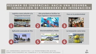 L O S C O R R E D O R E S L O G Í S T I C O S Y L A T R A N S F O R M A C I Ó N D I G I T A L
C O M O C A T A L I Z A D O R E S D E L C O M E R C I O Y L A I N T E G R A C I Ó N R E G I O N A L
R E S U M E N D E T E N D E N C I A S : H A C I A U N A S E G U N D A
G E N E R A C I Ó N D E C O R R E D O R E S D E I N T E G R A C I Ó N
Logística como solución a la
integración funcional
Alta prioridad en facilitar los
flujos logísticos internacionales
Foco en la productividad
Aplicación avanzada de TICs Sincromodalidad y Redes La innovación como lema
1 2 3
4 5 6
 
