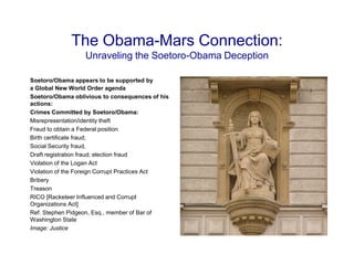 The Obama-Mars Connection:
                  Unraveling the Soetoro-Obama Deception

Soetoro/Obama appears to be supported...