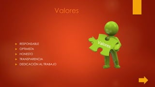 Valores
 RESPONSABLE
 OPTIMISTA
 HONESTO
 TRANSPARENCIA
 DEDICACIÓN AL TRABAJO
 