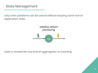 only a few problems can be solved without keeping some sort of
application state
state is needed for any kind of aggregation or counting
35
State Management
 