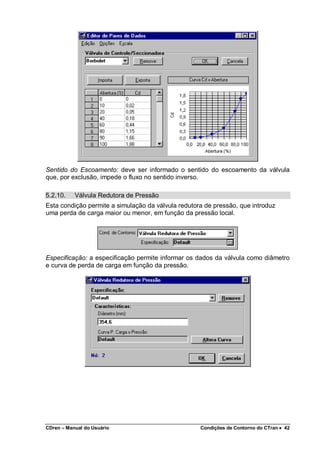 CDren – Manual do Usuário Condições de Contorno do CTran •••• 42
Sentido do Escoamento: deve ser informado o sentido do escoamento da válvula
que, por exclusão, impede o fluxo no sentido inverso.
5.2.10. Válvula Redutora de Pressão
Esta condição permite a simulação da válvula redutora de pressão, que introduz
uma perda de carga maior ou menor, em função da pressão local.
Especificação: a especificação permite informar os dados da válvula como diâmetro
e curva de perda de carga em função da pressão.
 
