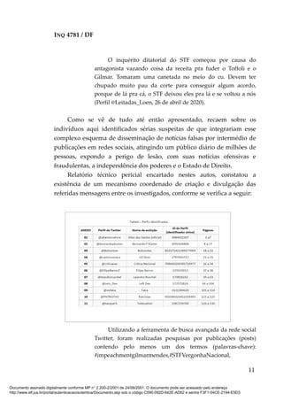 INQ 4781 / DF
O inquérito ditatorial do STF começou por causa do
antagonista vazando coisa da receita pra fuder o Toffoli e o
Gilmar. Tomaram uma canetada no meio do cu. Devem ter
chupado muito pau da corte para conseguir algum acordo,
porque de lá pra cá, o STF deixou eles pra lá e se voltou a nós
(Perfil @Leitadas_Loen, 26 de abril de 2020).
Como se vê de tudo até então apresentado, recaem sobre os
indivíduos aqui identificados sérias suspeitas de que integrariam esse
complexo esquema de disseminação de notícias falsas por intermédio de
publicações em redes sociais, atingindo um público diário de milhões de
pessoas, expondo a perigo de lesão, com suas notícias ofensivas e
fraudulentas, a independência dos poderes e o Estado de Direito.
Relatório técnico pericial encartado nestes autos, constatou a
existência de um mecanismo coordenado de criação e divulgação das
referidas mensagens entre os investigados, conforme se verifica a seguir:
Utilizando a ferramenta de busca avançada da rede social
Twitter, foram realizadas pesquisas por publicações (posts)
contendo pelo menos um dos termos (palavras-chave):
#impeachmentgilmarmendes,#STFVergonhaNacional,
11
Documento assinado digitalmente conforme MP n° 2.200-2/2001 de 24/08/2001. O documento pode ser acessado pelo endereço
http://www.stf.jus.br/portal/autenticacao/autenticarDocumento.asp sob o código C590-092D-642E-AD62 e senha F3F1-04CE-2194-E5D3
 