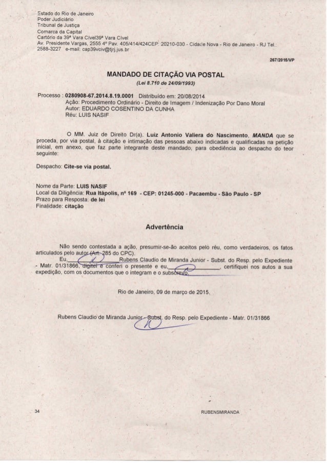Mandado de citação via postal eduardo c. cunha Mandado de citação via postal eduardo c. cunha